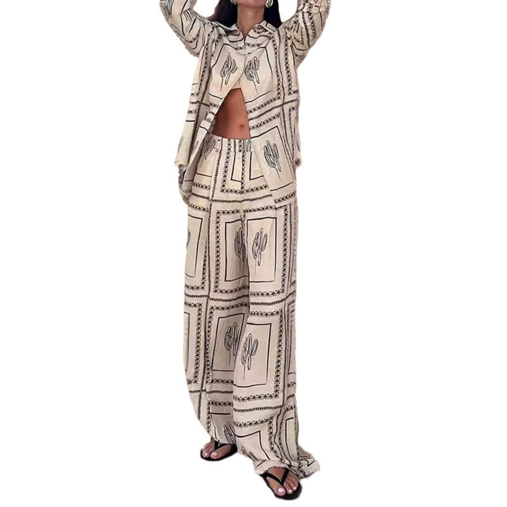 ZARA Summer Casual Printed Long Sleeve Shirt Wide Leg Pants Fashion Set